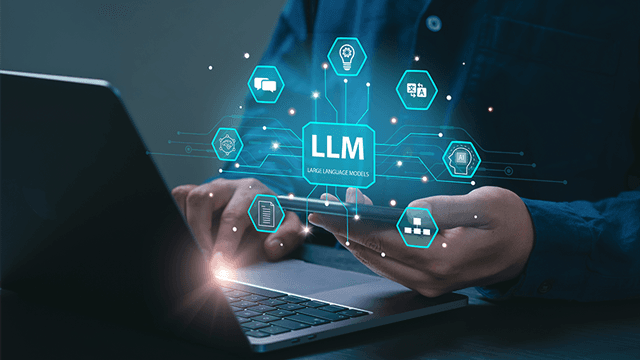 Person working at a laptop holding a mobile phone with an overlaid illustration of LLM features.