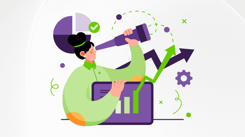 Episode cover image for Questions for now, a TELUS Digital podcast, featuring an illustrated character looking through a telescope while holding a tablet showing a graph with an arrow trending upward.