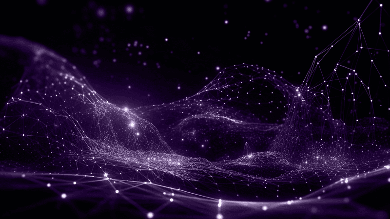 Purple digitalized waves on black background.