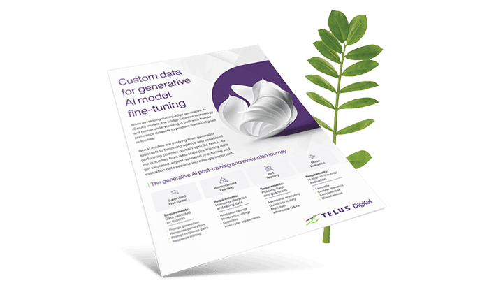 Custom data for generative AI model fine-tuning brochure cover in front of a leaf.