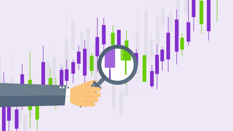 An illustration of a person holding a magnifying glass looking at data.
