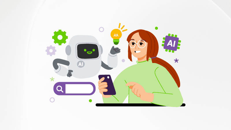 Episode cover image for Questions for now, a TELUS Digital podcast, featuring an illustrated character holding a phone and interacting with an AI bot.