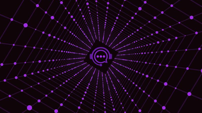 Illustration including an icon of a chat bubble and headset meant to symbolize contact centers, and data points meant to symbolize AI data