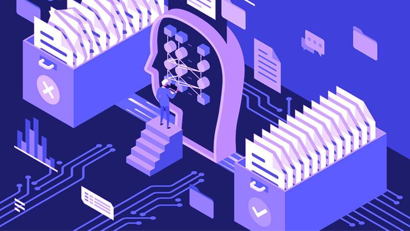 Illustration of person interacting with symbols representing documents and text data