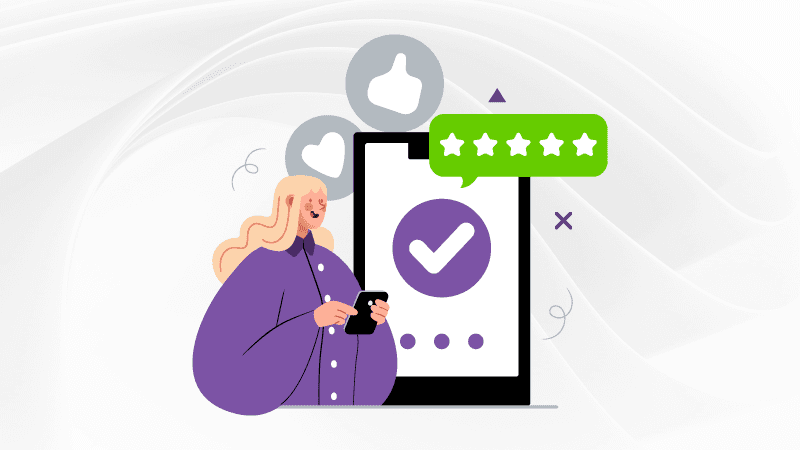 Episode cover image for Questions for now, a TELUS Digital podcast, featuring an illustrated character holding a phone and giving a verified business profile a five-star review.