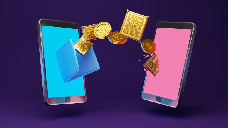 Two smart phones exchanging NFTs