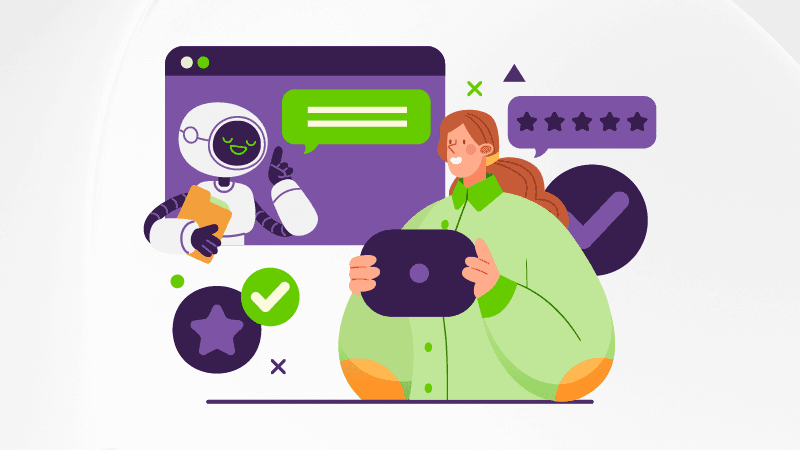 Episode cover image for Questions for now, a TELUS Digital podcast, featuring an illustrated character holding a tablet and giving a five-star rating as they receive support from an AI-powered bot.