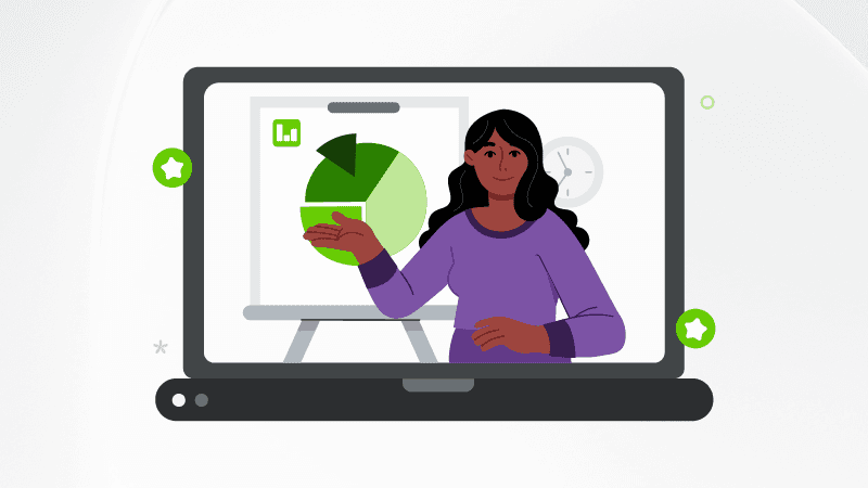 Episode cover image for Questions for now, a TELUS Digital podcast, featuring a laptop displaying an illustrated character standing in front of a pie chart delivering a presentation.