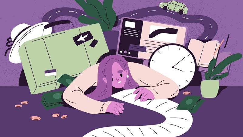 Stressed person hunched over a table, weighed down by symbols of travel, retail and expenses