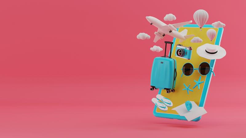 Mobile phone behind an airplane, clouds, a hot air balloon, luggage, a camera, a hat, glasses, starfish, sandals and a map