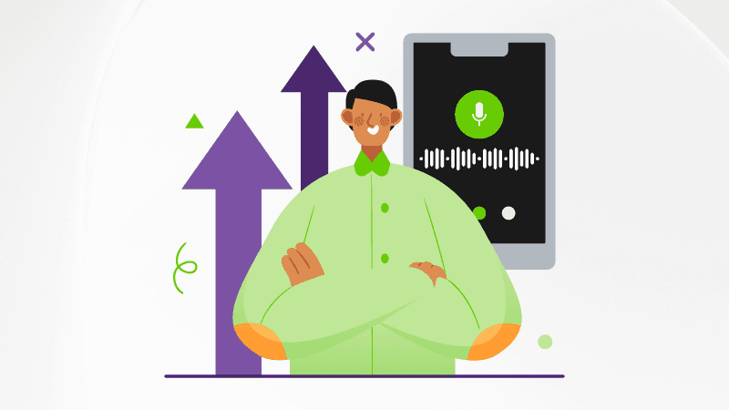 Episode cover image for Questions for now, a TELUS Digital podcast, featuring an illustrated character standing in front of a phone receiving a voice input.