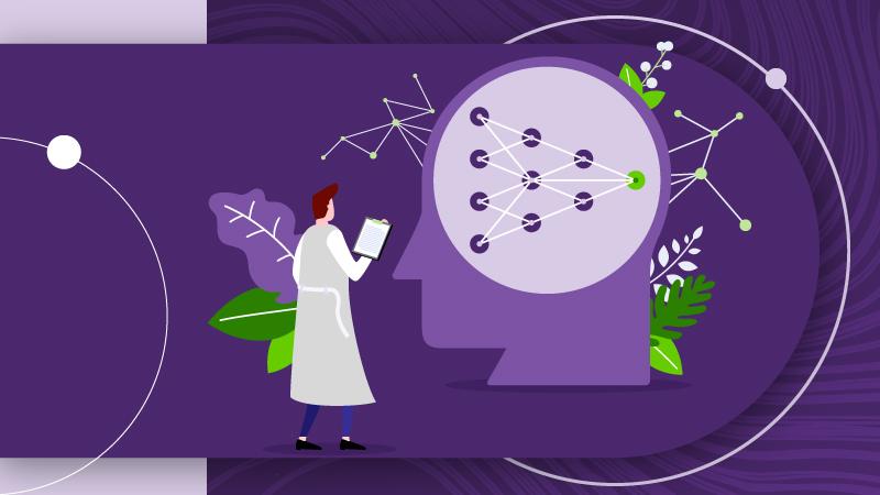 Data scientist observing connected data overlaid onto the profile of a human head