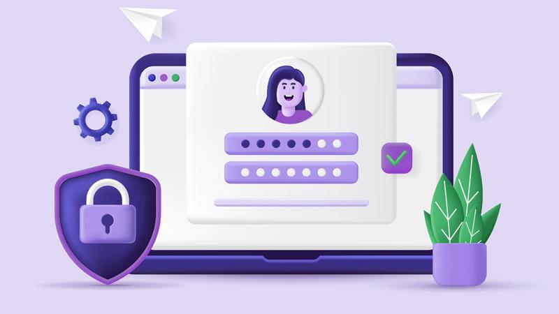 Illustration of laptop depicting a user profile, as well as some additional iconography like a shield and lock to convey safety