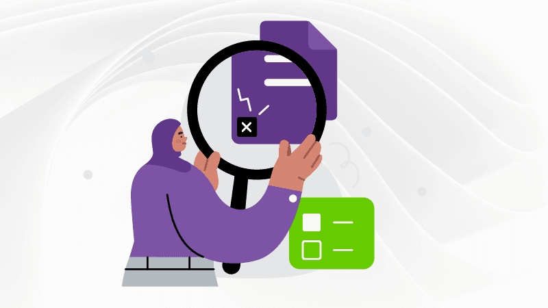 Episode cover image for Questions for now, a TELUS Digital podcast, featuring an illustrated character examining an error on a document in relation to a form.